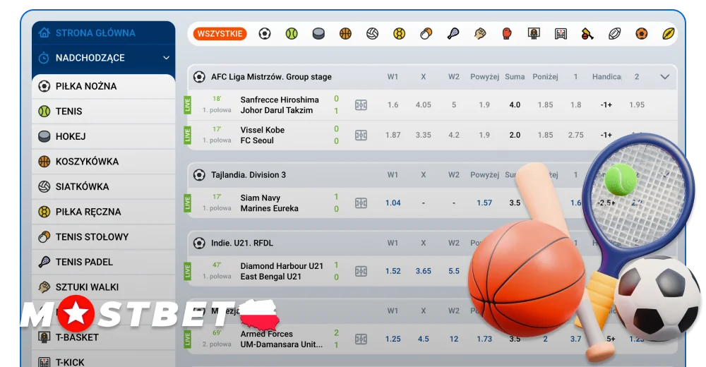 Sporty dostępne do obstawiania w Mostbet w Polsce